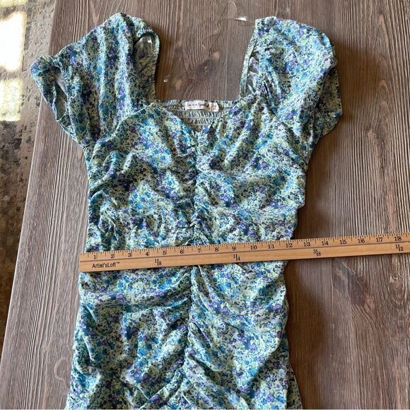 Live To Be Spoiled Green Pastel Floral Ruched Front Short Cap Sleeve Dress - Picture 10 of 13